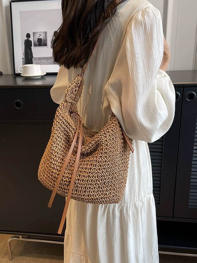Korean Style Handwoven Cotton Tote Bag – Adjustable Long Strap &amp; Lining | Approx. 21cm x 30cm with 60cm Strap One-Sake.com khaki white off khaki-white off-