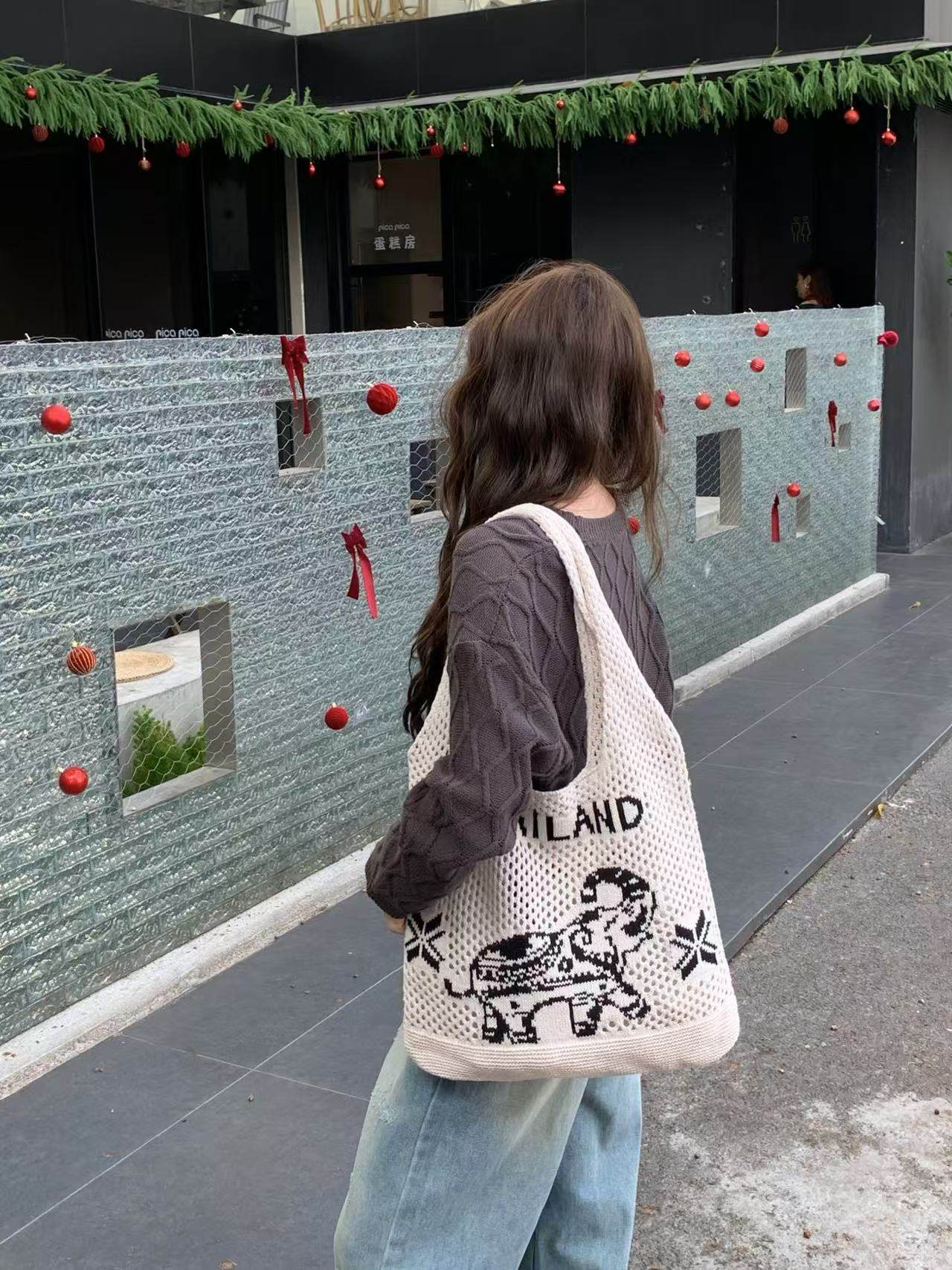 Elephant Pattern Woven Shoulder Bag – Handmade Cotton Rope Tote for Women | 38cm x 40cm with 30cm Strap One-Sake.com khaki white white off white-white off-khaki-