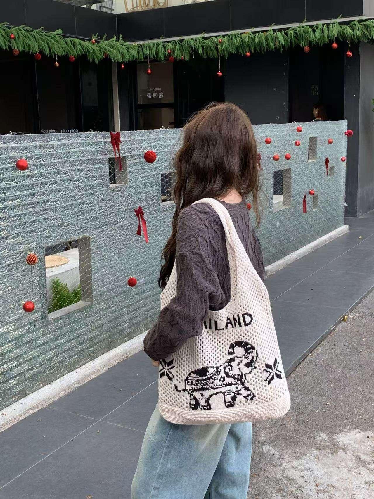 Elephant Pattern Shoulder Bag - Handmade Cotton Rope Tote for Women | 38cm x 40cm with 30cm Strap