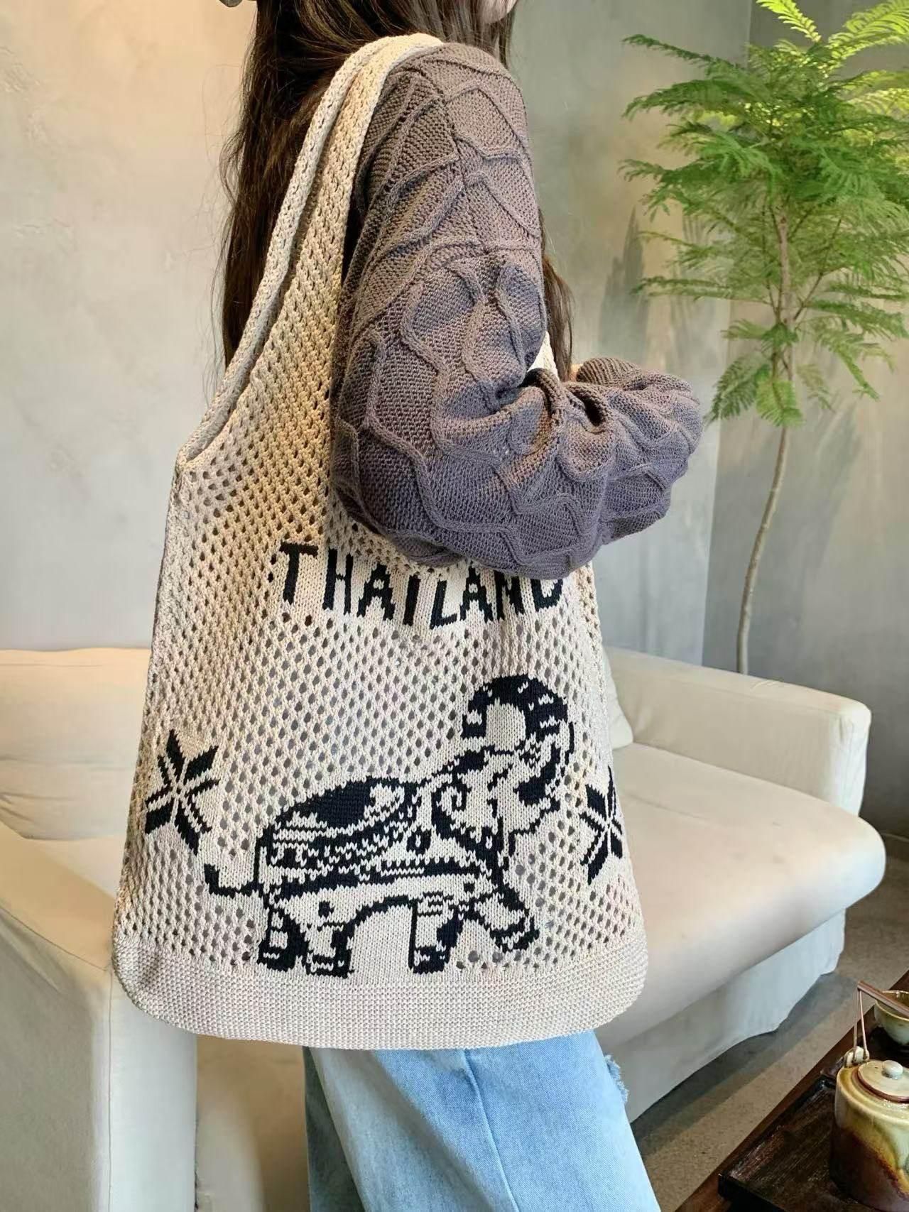 Elephant Pattern Shoulder Bag - Handmade Cotton Rope Tote for Women | 38cm x 40cm with 30cm Strap