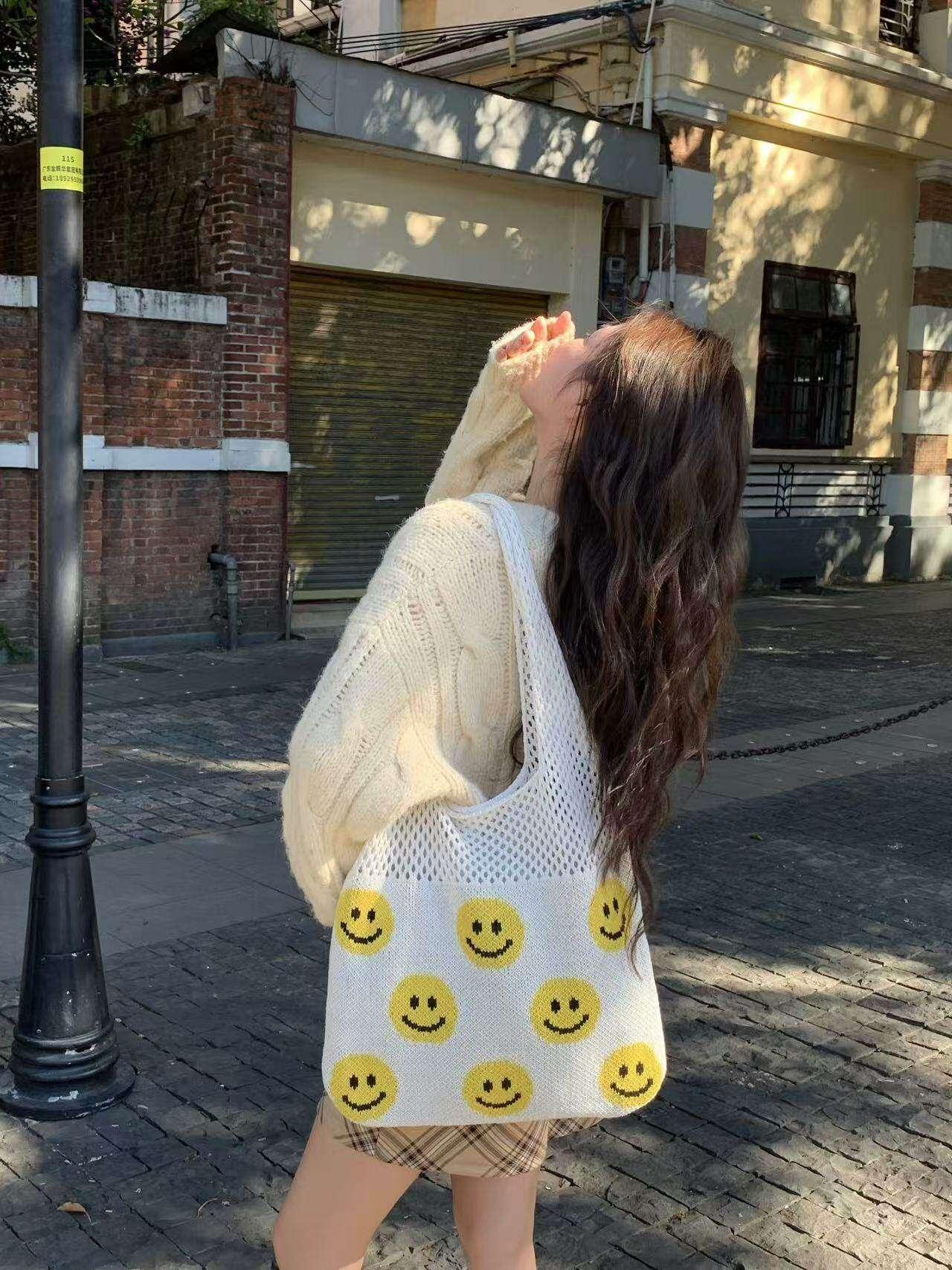 Smiley Face Crochet Bag – Colorful Handmade Cotton Rope Tote with 30cm Strap | Large Capacity 40cm Shoulder Bag