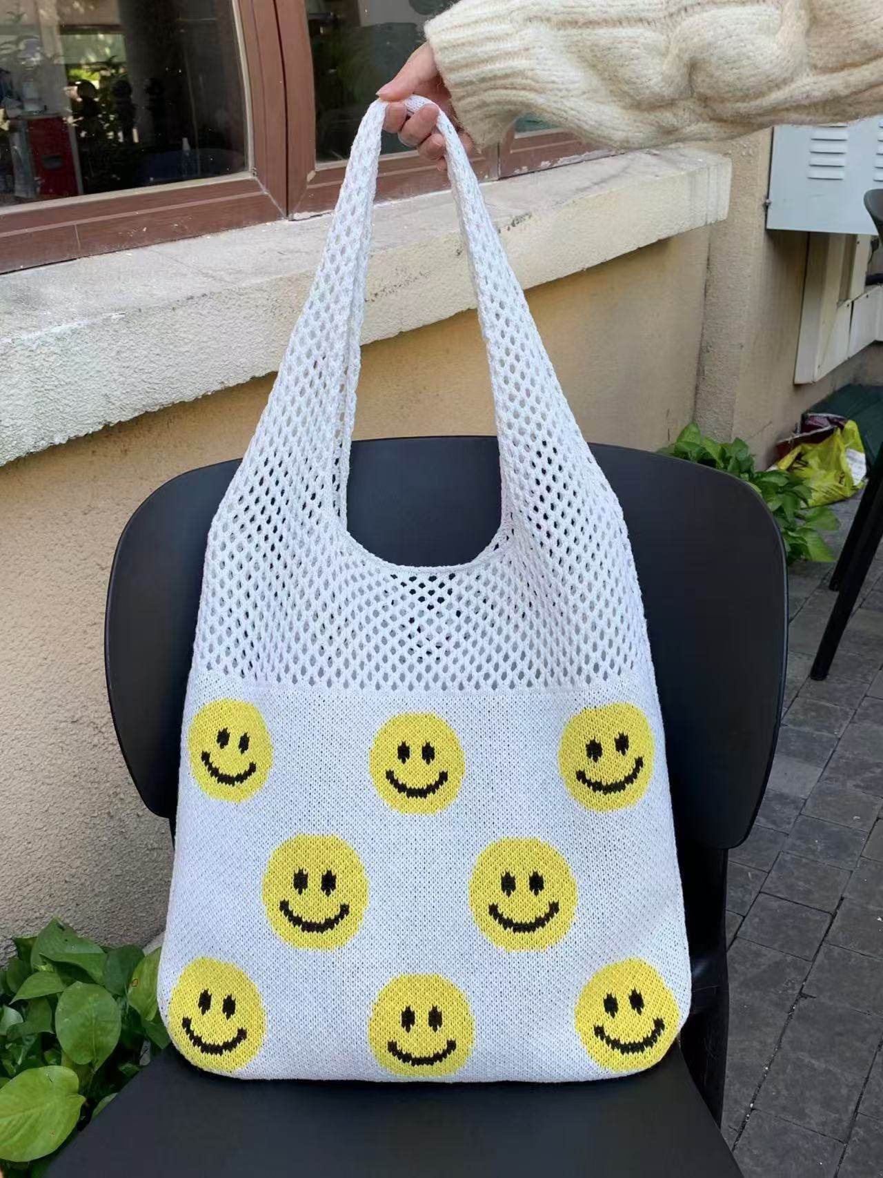 Smiley Face Crochet Bag – Colorful Handmade Shoulder Tote with 30cm Strap | Large Capacity Cotton Rope Bag 40cm Width One-Sake.com white khaki white off khaki-white off-white-