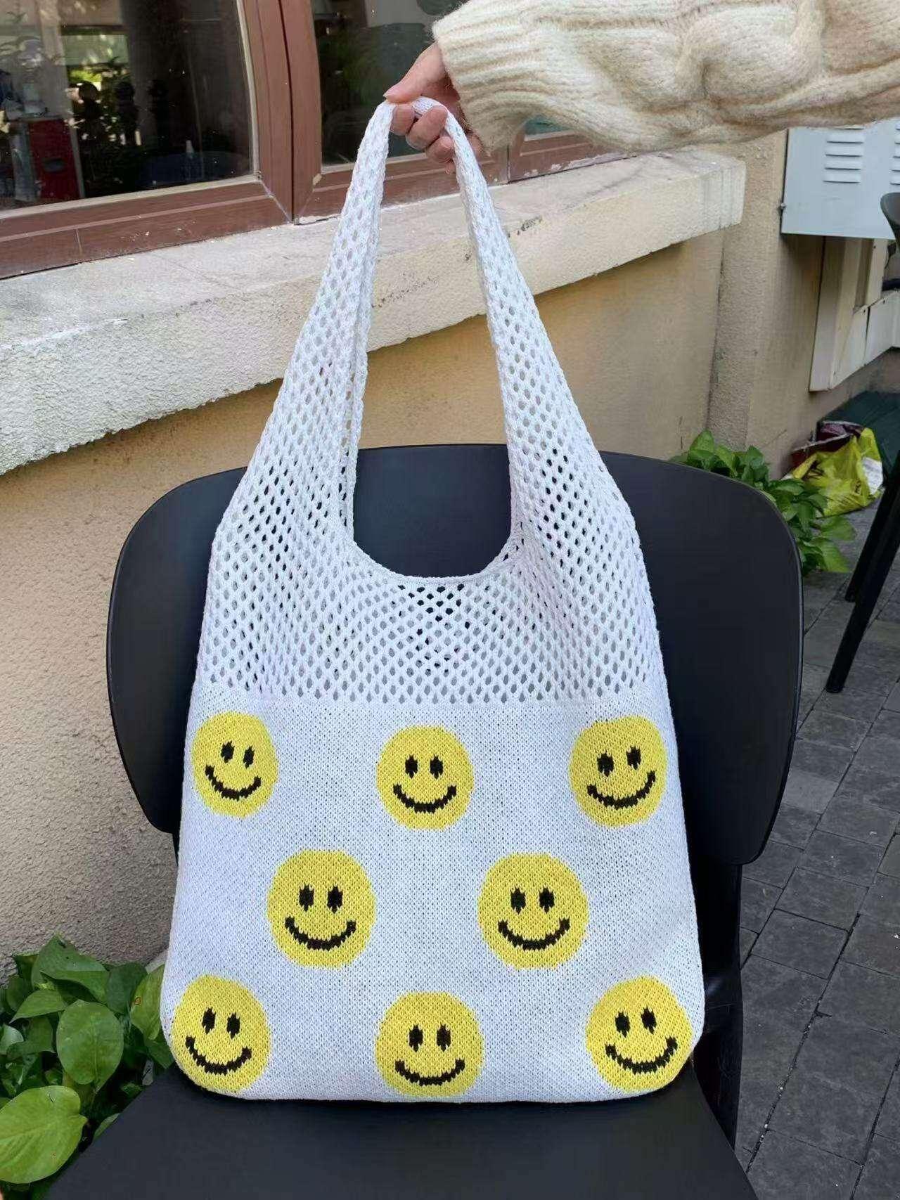 Smiley Face Crochet Bag – Colorful Handmade Cotton Rope Tote with 30cm Strap | Large Capacity 40cm Shoulder Bag