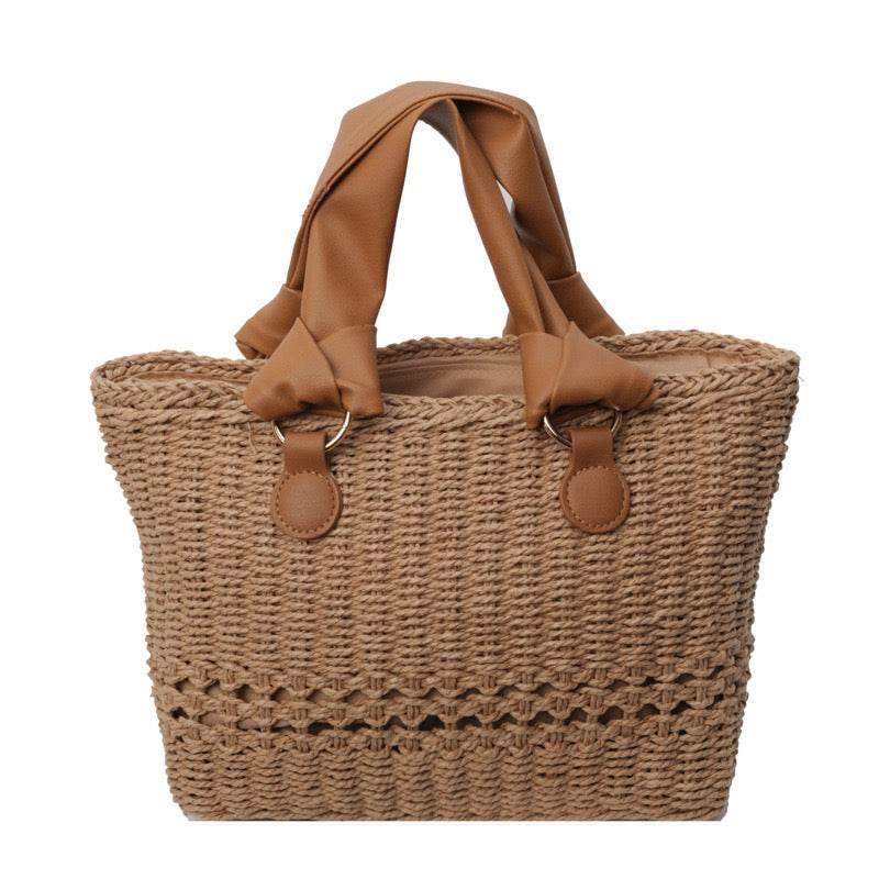 Premium Handwoven Tote Bag for Women – 20x29cm with Genuine Leather Handles | High-End Crafted Design for Styling &amp; Photoshoots One-Sake.com khaki whit off khaki-whit off-