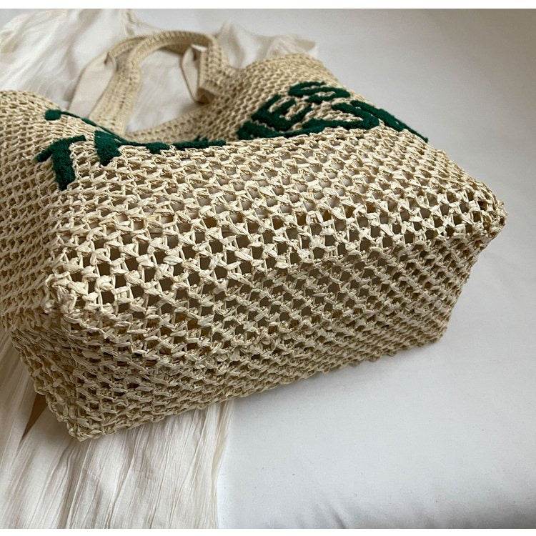 Large Handwoven English Letter Tote Bag for Women – Spacious Cotton Rope &amp; Natural Fiber Shoulder Bag | 39cm x 41cm Travel &amp; Daily Use One-Sake.com green khaki white off khaki-white off-green-