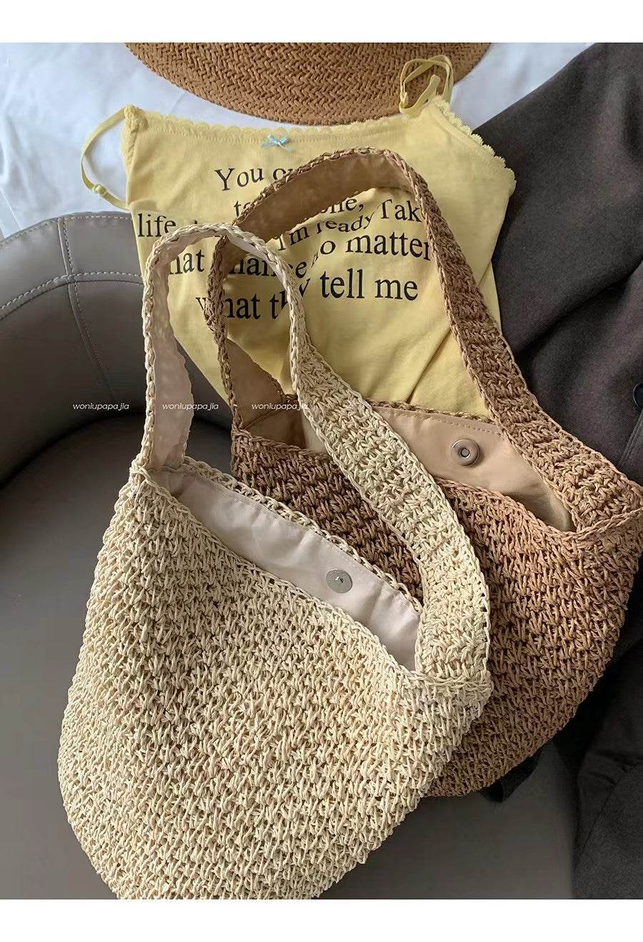 New Korean Style Handwoven Shoulder Bag – Compact Cotton Rope Tote with 35cm Strap | 28cm Width Woven Basket Bag for Daily Wear One-Sake.com สีกากี สีขาวนวล สีกากี-สีขาวนวล-