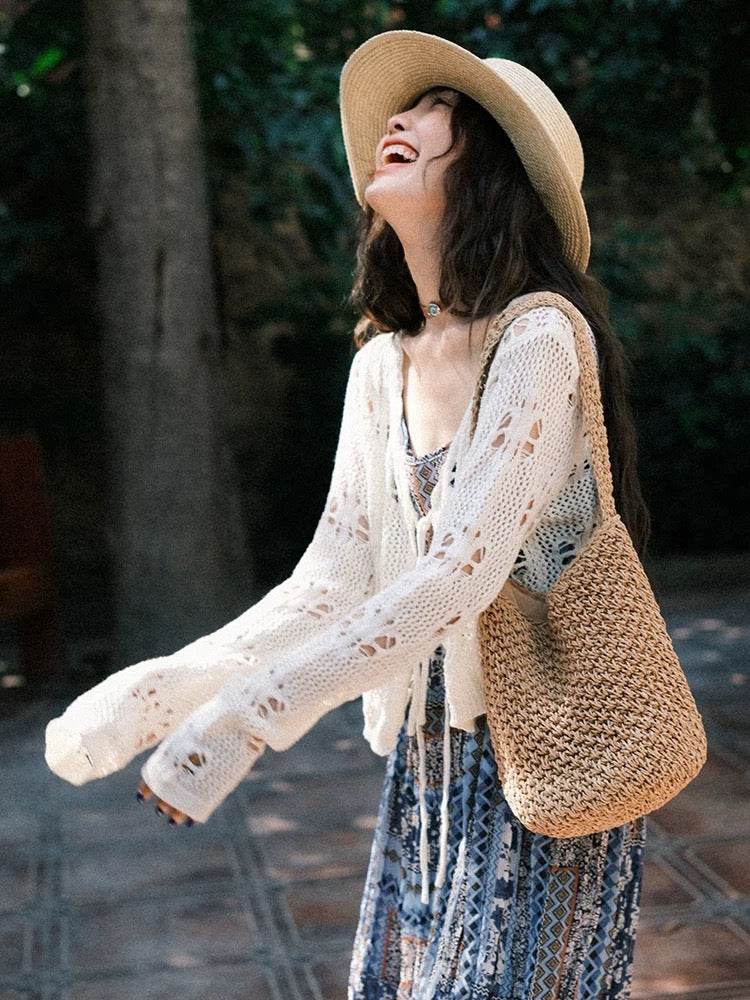 New Korean Style Handwoven Shoulder Bag – Compact Cotton Rope Tote with 35cm Strap | 28cm Width Woven Basket Bag for Daily Wear One-Sake.com สีกากี สีขาวนวล สีกากี-สีขาวนวล-
