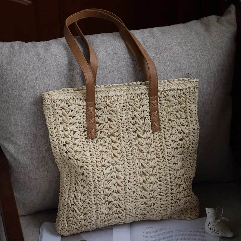 Korean Style Square Handwoven Bag – Cotton Rope Shoulder Tote with 25cm Strap | 37cm Width Woven Basket Bag for Women One-Sake.com สีน้ำตาล สีขาวนวล สีกากี สีขาวนวล-สีกากี-สีน้ำตาล-