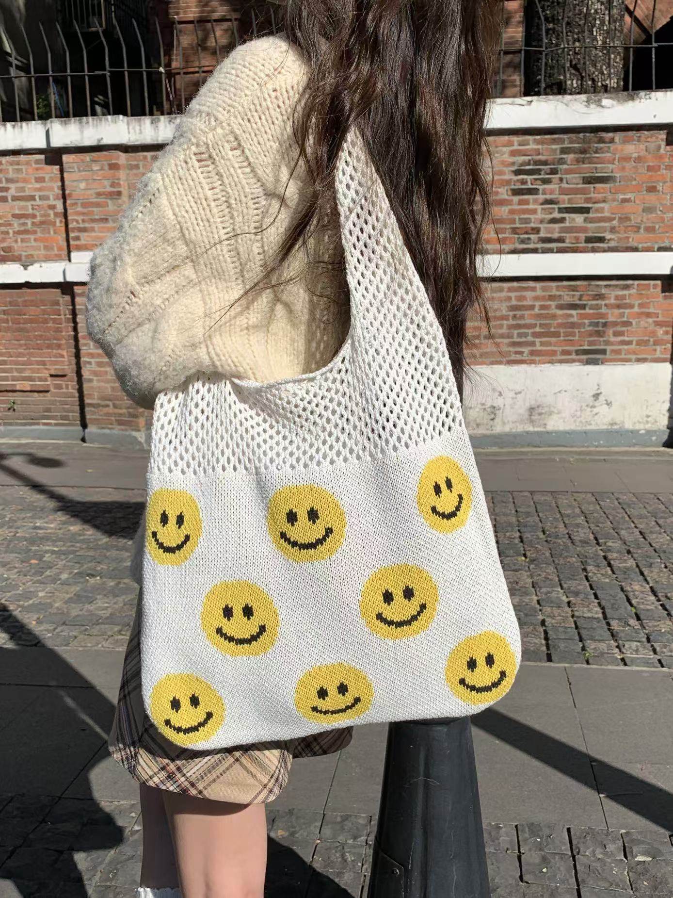Smiley Face Crochet Bag – Colorful Handmade Shoulder Tote with 30cm Strap | Large Capacity Cotton Rope Bag 40cm Width One-Sake.com white khaki white off khaki-white off-white-