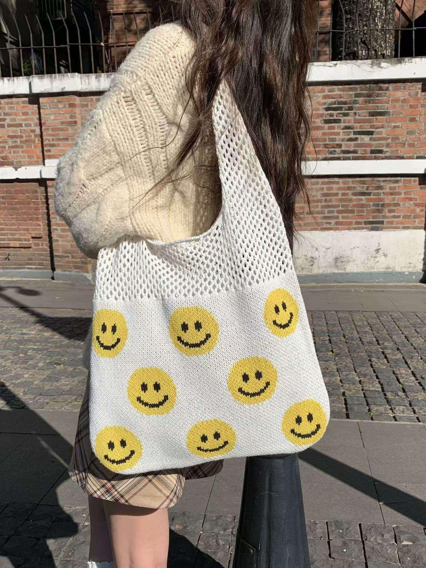 Smiley Face Crochet Bag – Colorful Handmade Cotton Rope Tote with 30cm Strap | Large Capacity 40cm Shoulder Bag