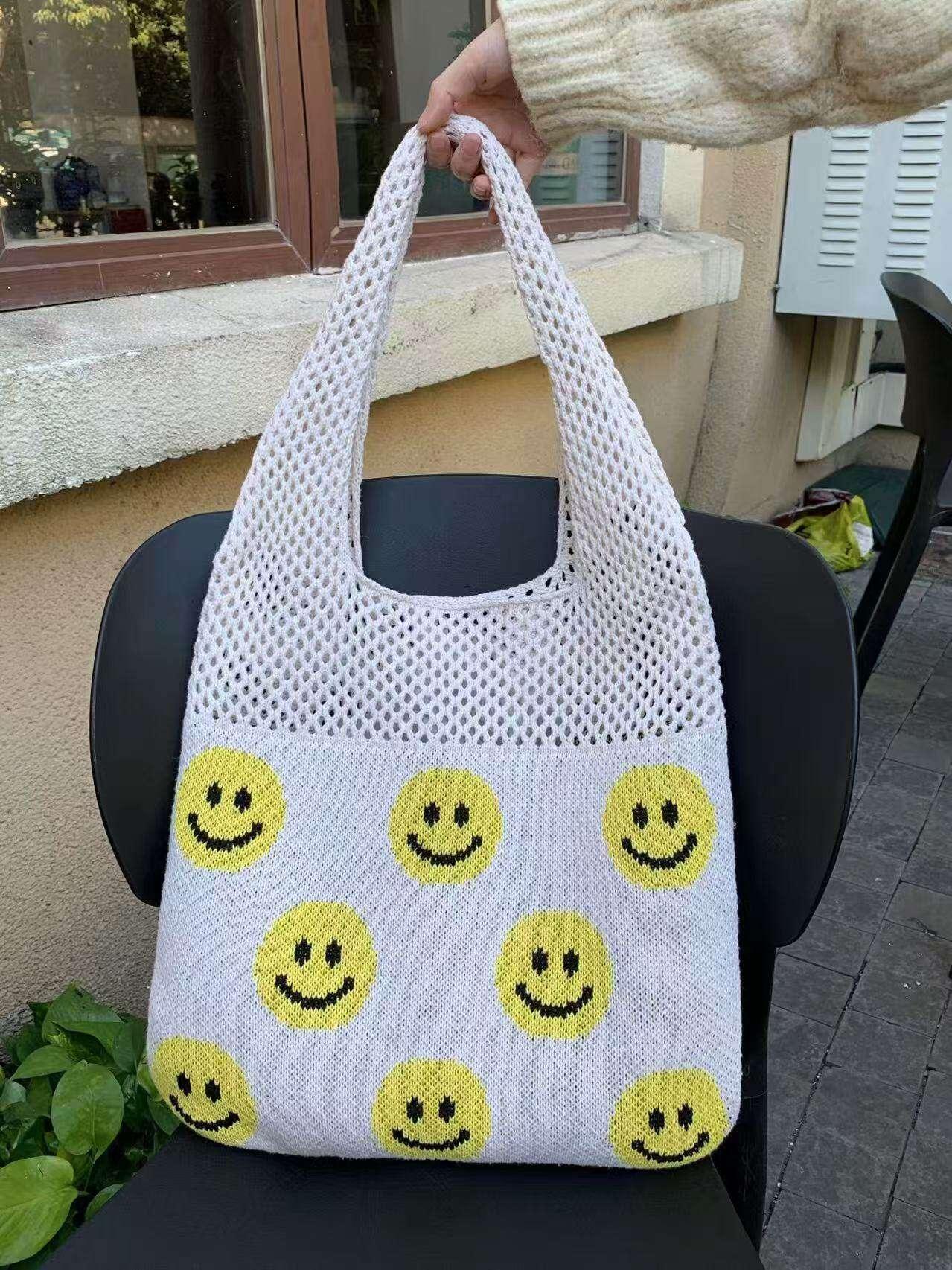 Smiley Face Crochet Bag – Colorful Handmade Cotton Rope Tote with 30cm Strap | Large Capacity 40cm Shoulder Bag