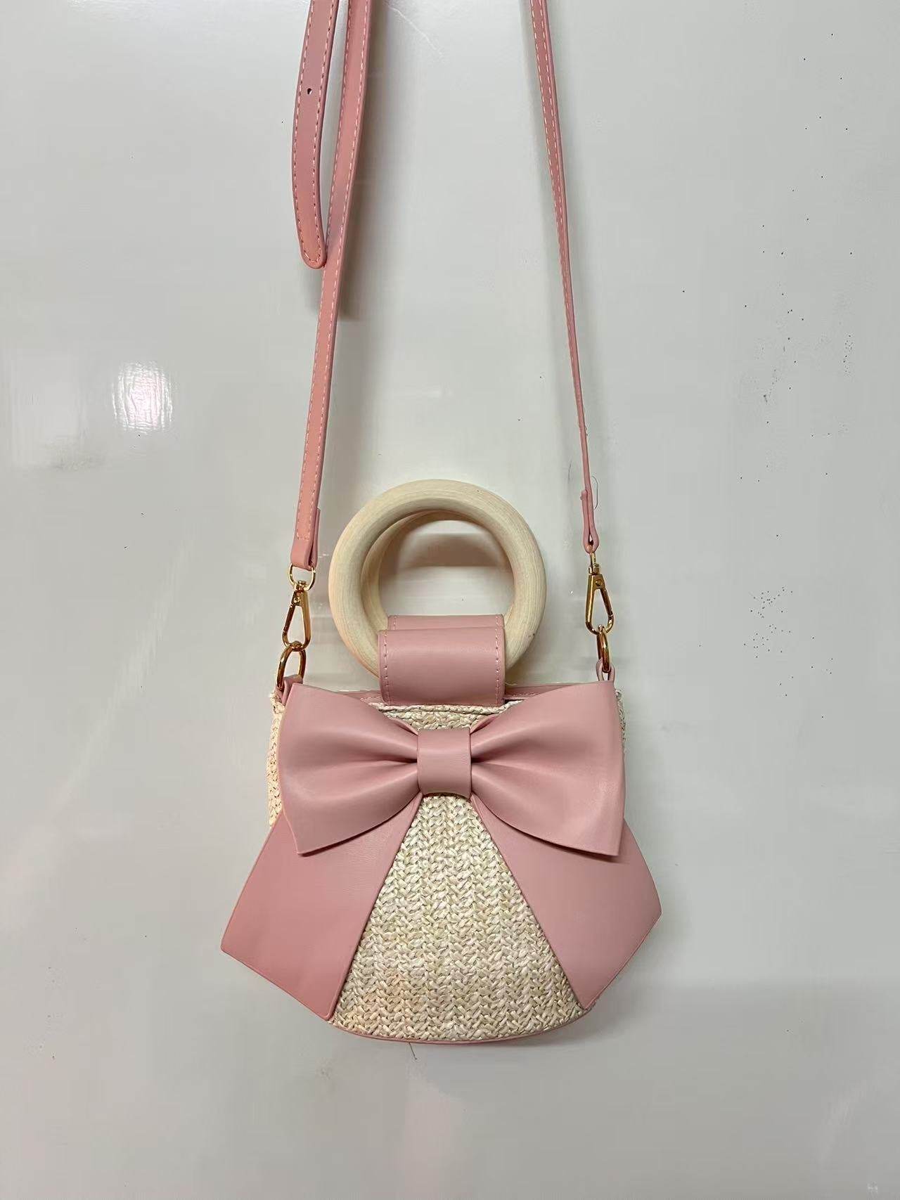 Wooden Handle Bow Shape Handwoven Bag – Perfect for Check-Ins &amp; Photos | Cotton Rope Crossbody Bag with Adjustable Strap One-Sake.com green khaki white khaki-white-green-pink-