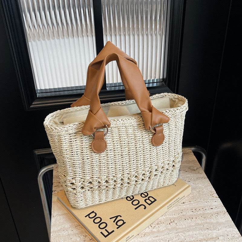 Premium Handwoven Tote Bag for Women – 20x29cm with Genuine Leather Handles | High-End Crafted Design for Styling &amp; Photoshoots One-Sake.com khaki whit off khaki-whit off-