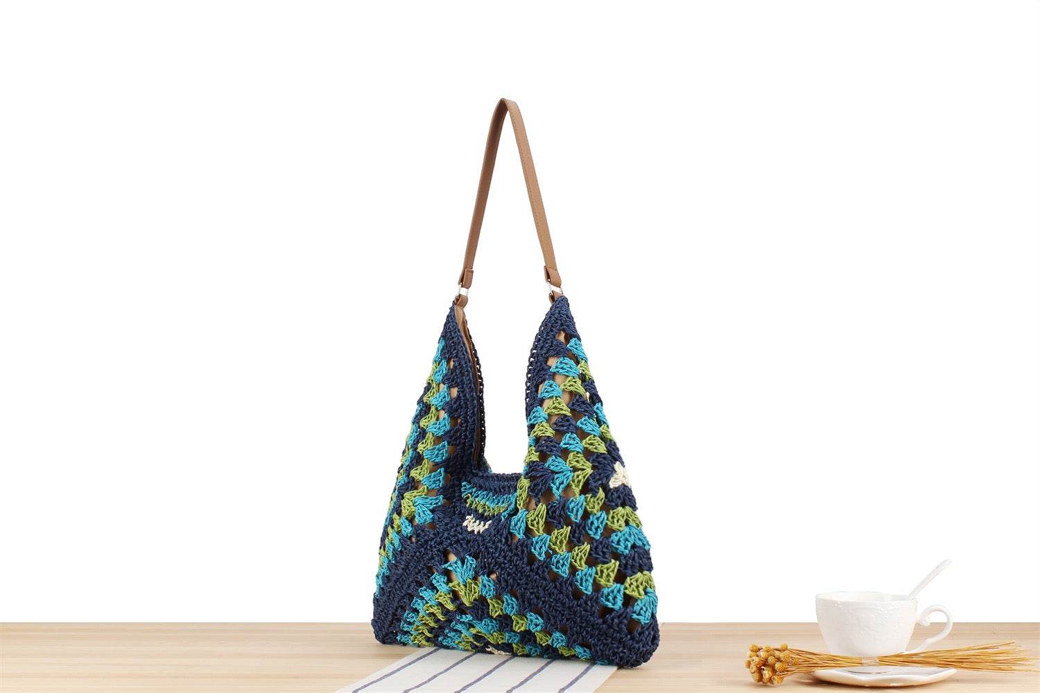 Trapezoid Handwoven Shoulder Bag in Dusty Purple – Leather Strap &amp; Lined Interior | Natural Cotton Rope Bag for Women One-Sake.com 1 2 1-2-
