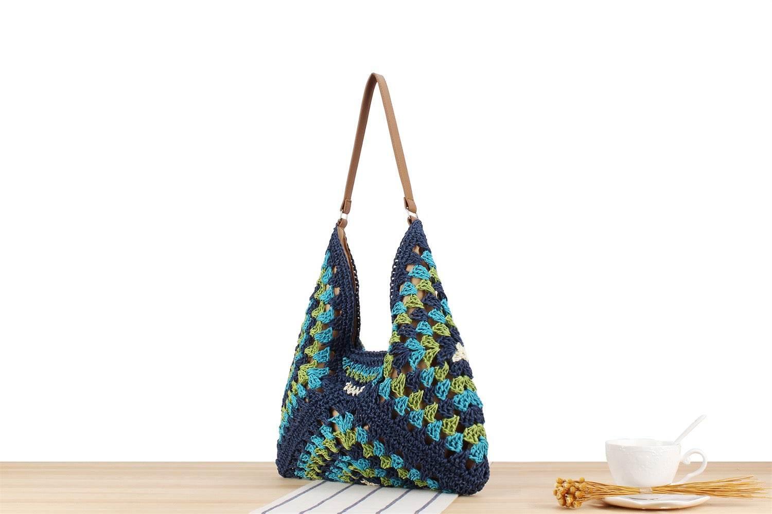 Trapezoid Handwoven Shoulder Bag in Dusty Purple with Leather Strap | Lined Natural Cotton Rope Bag for Women