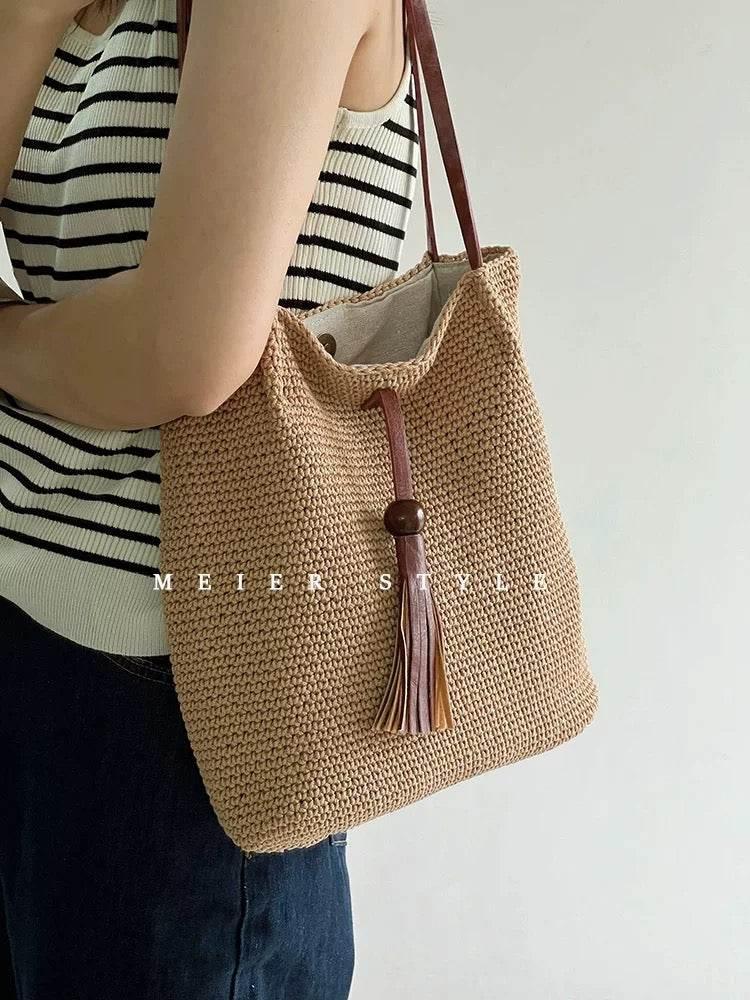 Korean Style Cotton Woven Shoulder Bag for Women - Handmade with Lining & Magnetic Closure, 30cm x 25cm