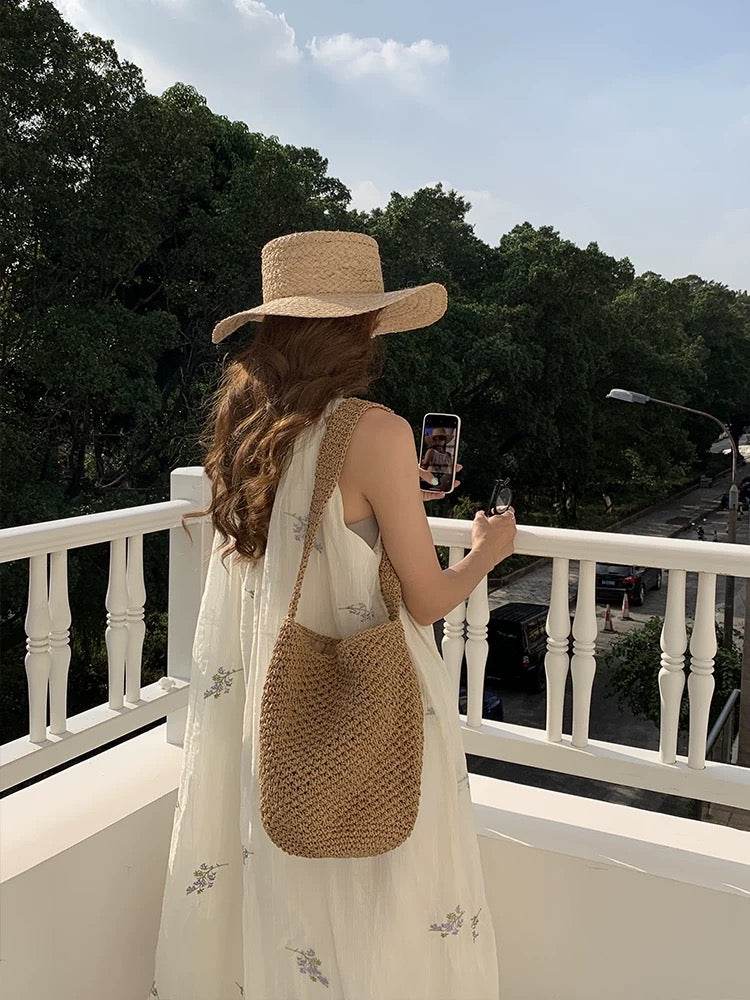 New Korean Style Handwoven Shoulder Bag – Compact Cotton Rope Tote with 35cm Strap | 28cm Width Woven Basket Bag for Daily Wear One-Sake.com สีกากี สีขาวนวล สีกากี-สีขาวนวล-