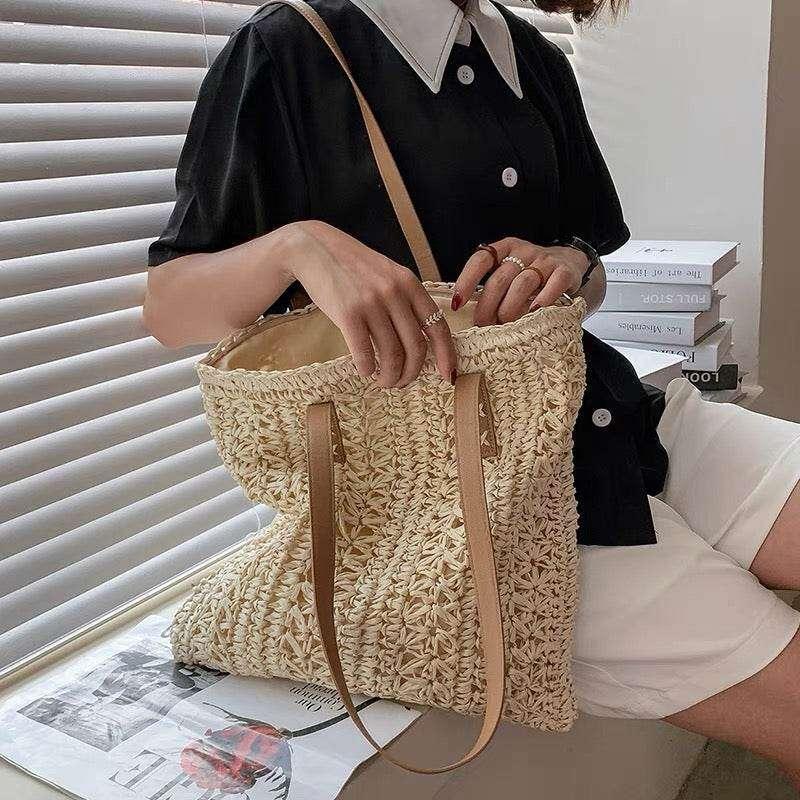 Korean Handwoven Tote Bag - Square Cotton Rope Shoulder Bag with 25cm Strap | 37cm Woven Basket Bag for Women