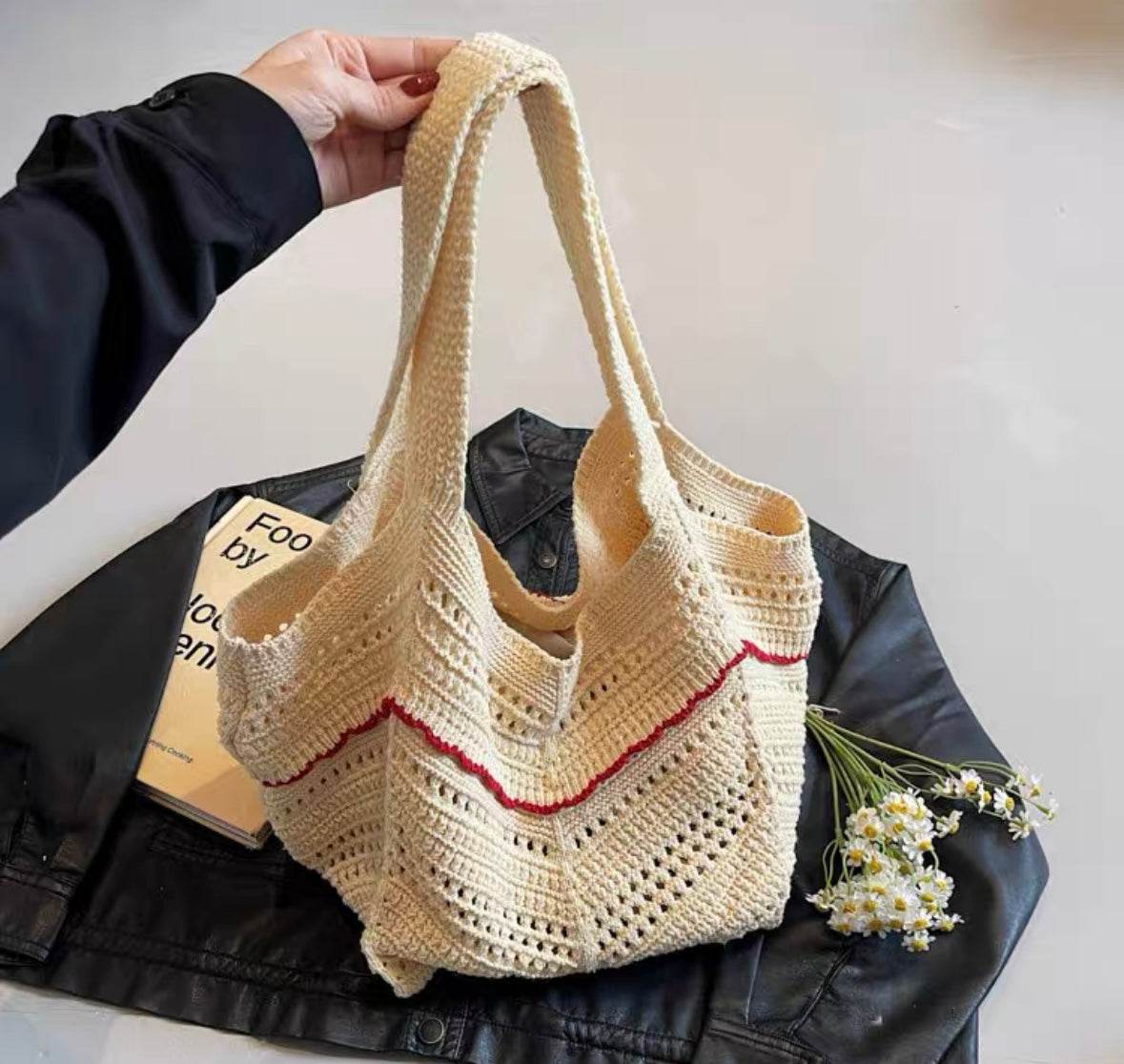 New Korean Style Crochet Shoulder Bag – Large Handmade Cotton Rope Tote | 33cm x 28cm with 58cm Strap One-Sake.com black green red green-red-black-