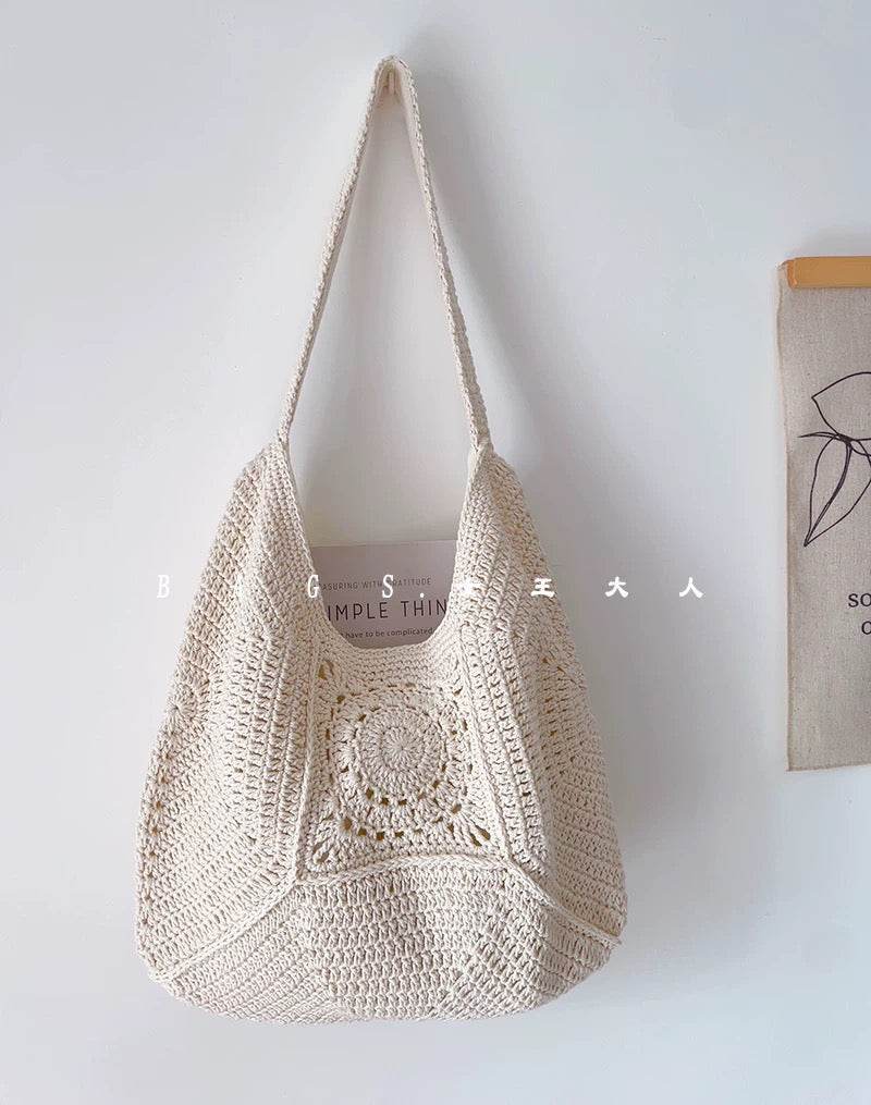 Handwoven Cotton Tote Bag for Women – Eco-Friendly Natural Fiber Shoulder Bag | 27cm x 38cm with Adjustable Strap One-Sake.com khaki white off khaki-white off-