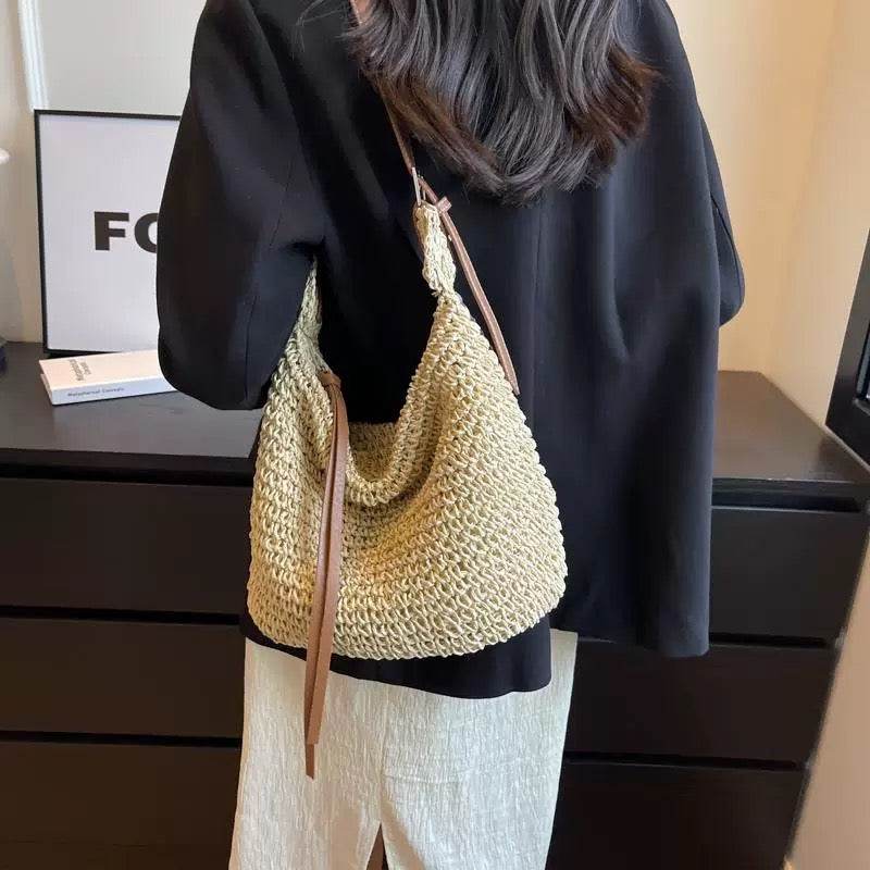 Korean Style Handwoven Cotton Tote Bag – Adjustable Long Strap &amp; Lining | Approx. 21cm x 30cm with 60cm Strap One-Sake.com khaki white off khaki-white off-