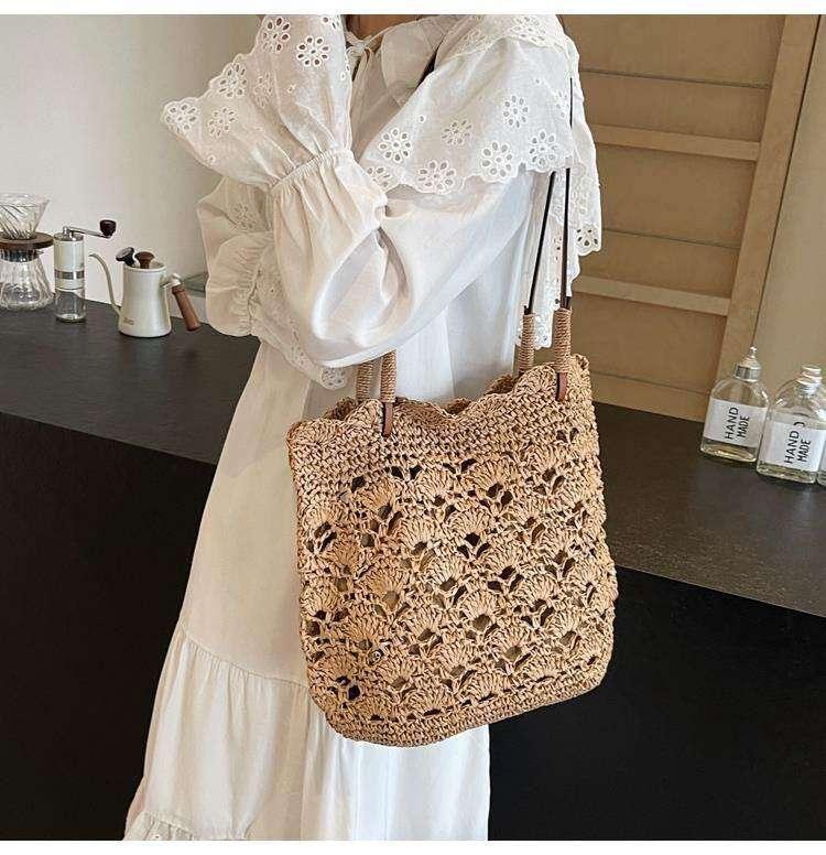 New Handwoven Women’s Shoulder Bag with Leather Strap - 33cm Wide Cotton Rope Tote for Daily Use