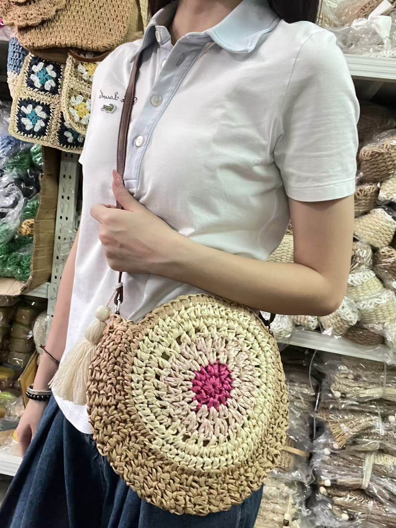 Retro Style Handwoven Bag for Women – Cute Tassel &amp; Leather Strap | Small Cotton Rope Crossbody Bag with Adjustable Strap One-Sake.com green khaki pink khaki-pink-green-