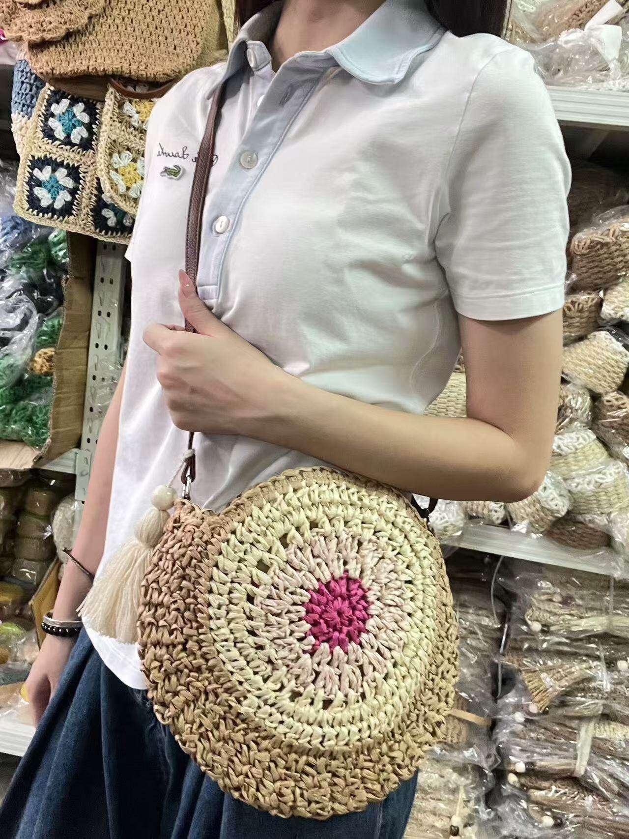 Retro Handwoven Bag with Cute Tassel & Leather Strap | Small Cotton Rope Crossbody with Adjustable Strap