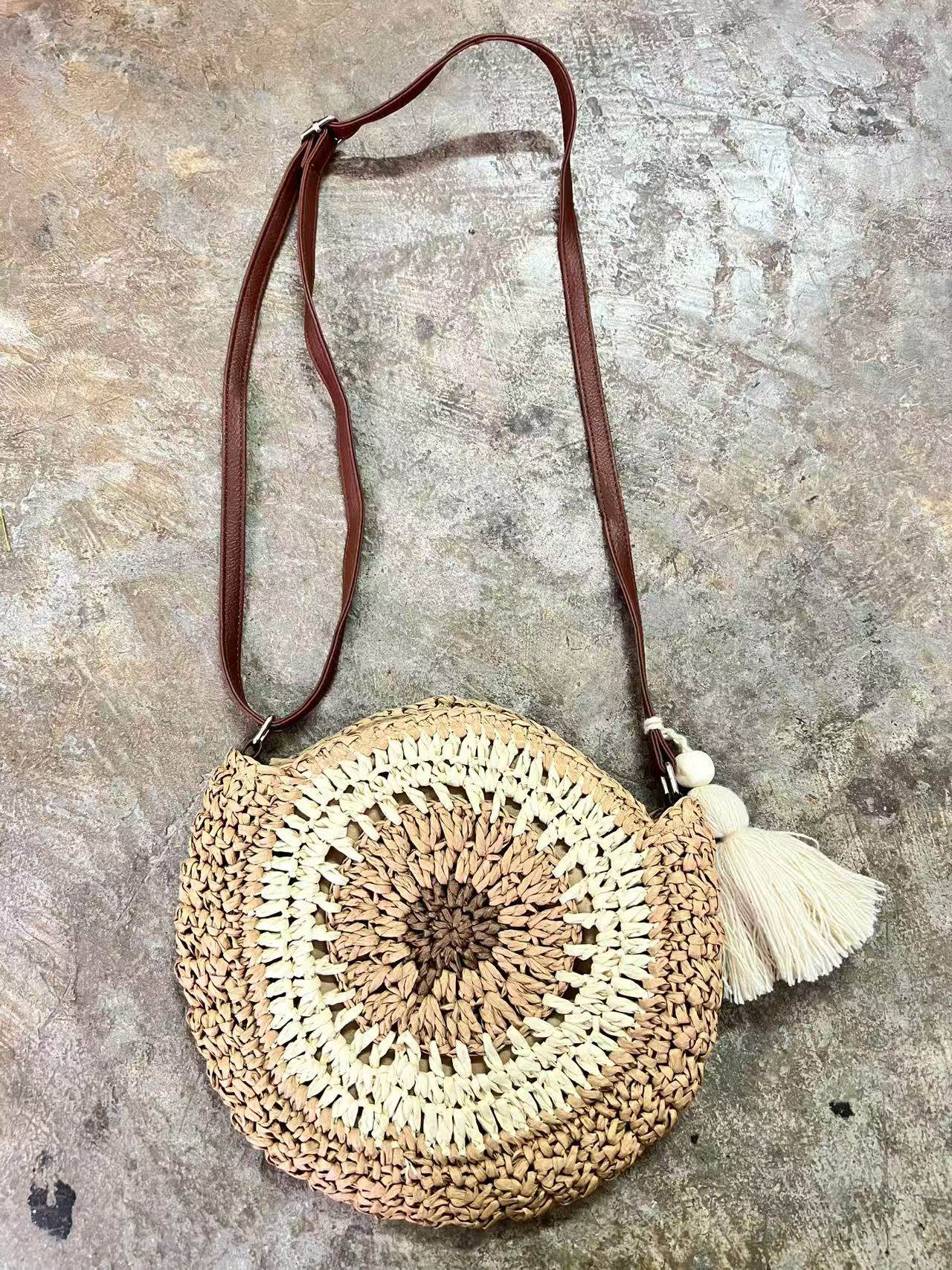 Retro Style Handwoven Bag for Women – Cute Tassel &amp; Leather Strap | Small Cotton Rope Crossbody Bag with Adjustable Strap One-Sake.com green khaki pink khaki-pink-green-