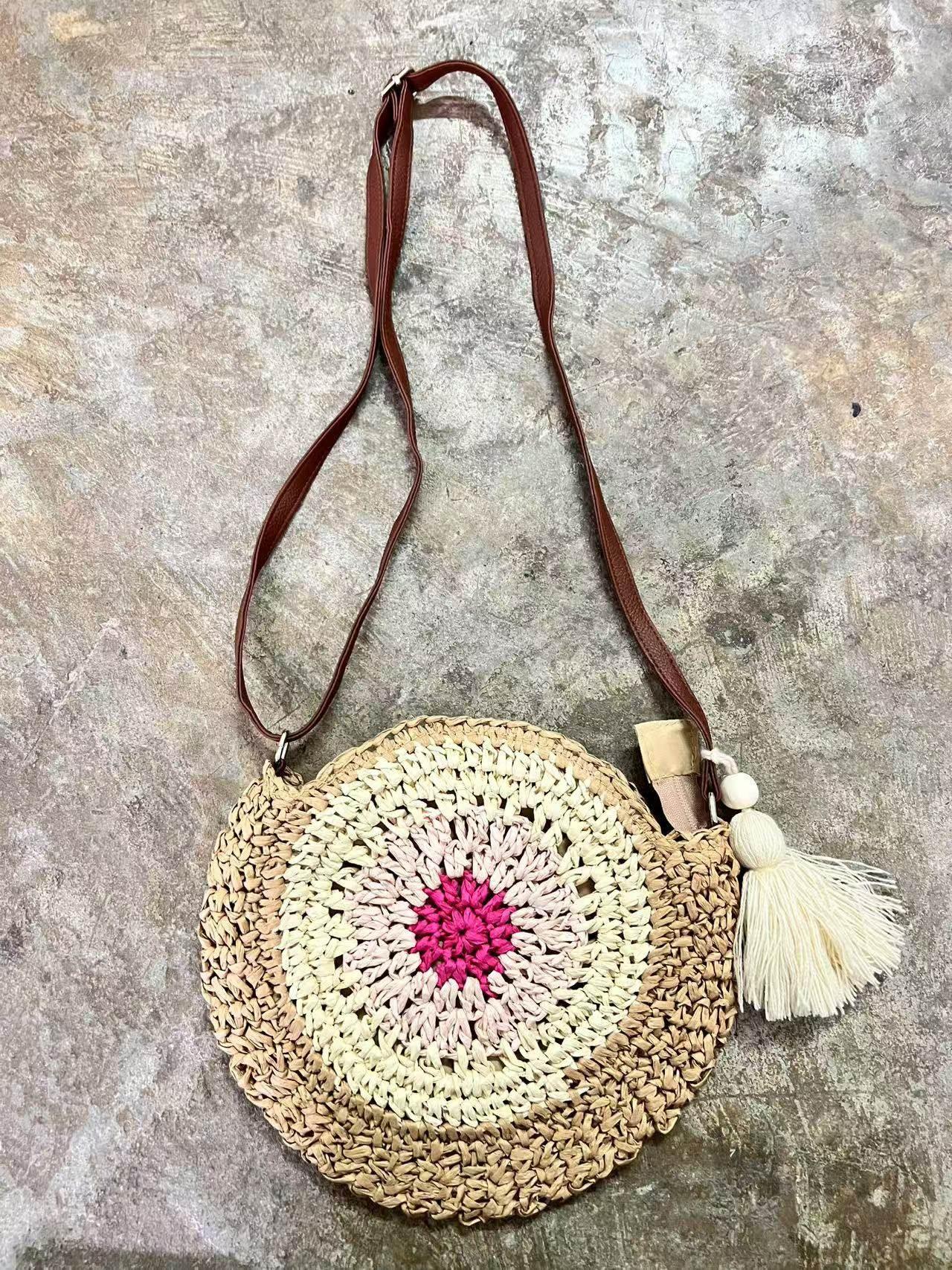 Retro Handwoven Bag with Cute Tassel & Leather Strap | Small Cotton Rope Crossbody with Adjustable Strap