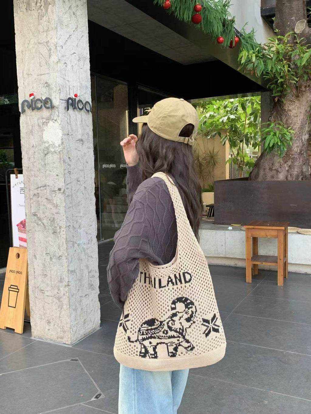 Elephant Pattern Woven Shoulder Bag – Handmade Cotton Rope Tote for Women | 38cm x 40cm with 30cm Strap One-Sake.com khaki white white off white-white off-khaki-