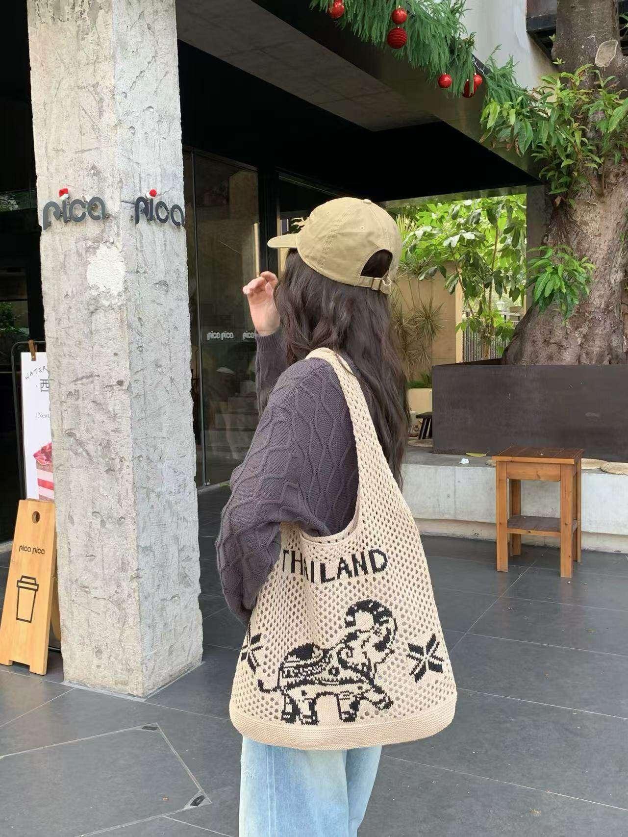 Elephant Pattern Shoulder Bag - Handmade Cotton Rope Tote for Women | 38cm x 40cm with 30cm Strap
