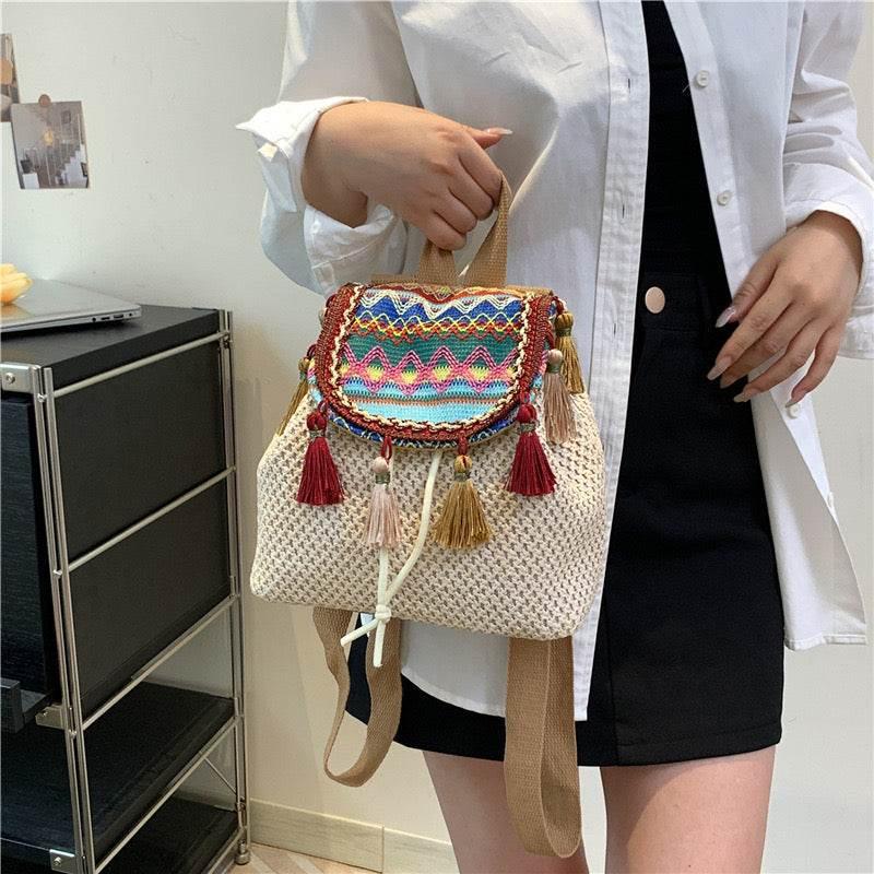 Unique Handwoven Crossbody Backpack for Women with Colorful Tassels - Natural Cotton Rope, 33x22cm, Adjustable Strap