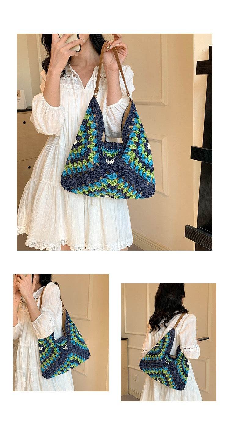 Trapezoid Handwoven Shoulder Bag in Dusty Purple – Leather Strap &amp; Lined Interior | Natural Cotton Rope Bag for Women One-Sake.com 1 2 1-2-