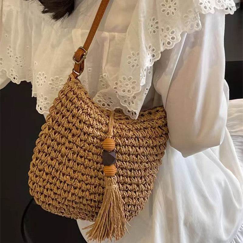 New Retro Tassel Woven Crossbody Bag for Women – Leather Strap &amp; Zip Closure | Cotton Rope Vintage Style Shoulder Bag 25cm Width One-Sake.com khaki white off khaki-white off-