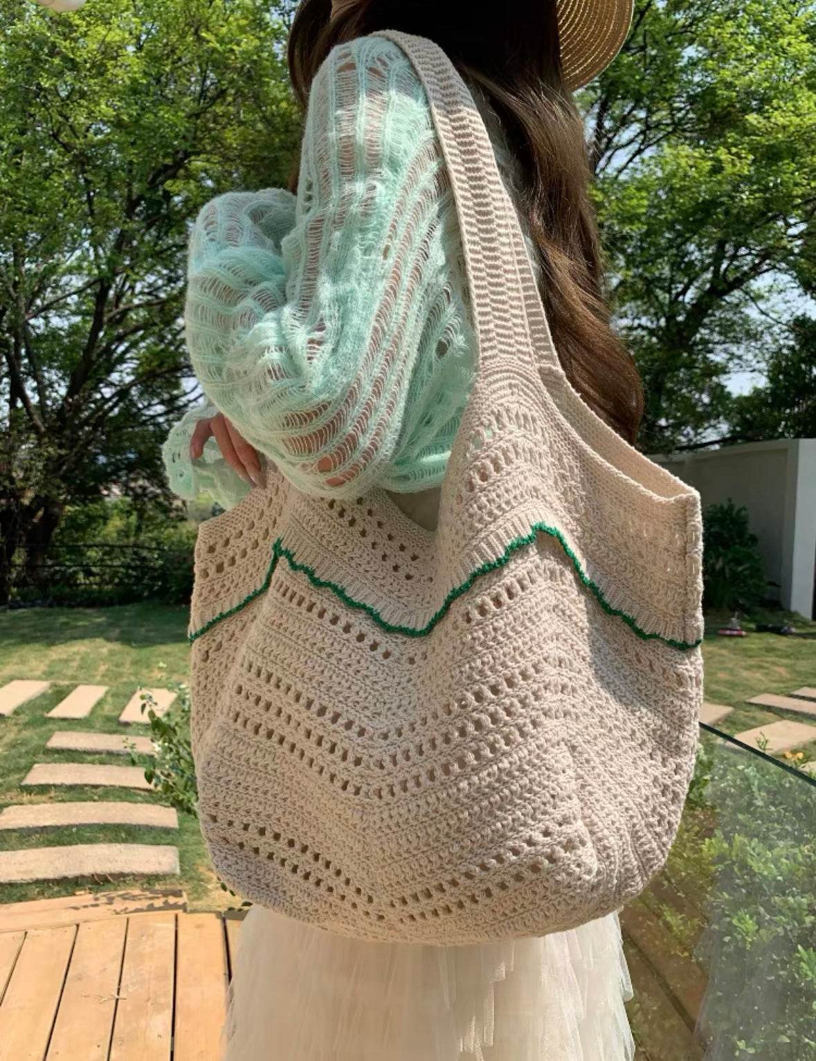 New Korean Style Crochet Shoulder Bag – Large Handmade Cotton Rope Tote | 33cm x 28cm with 58cm Strap One-Sake.com black green red green-red-black-