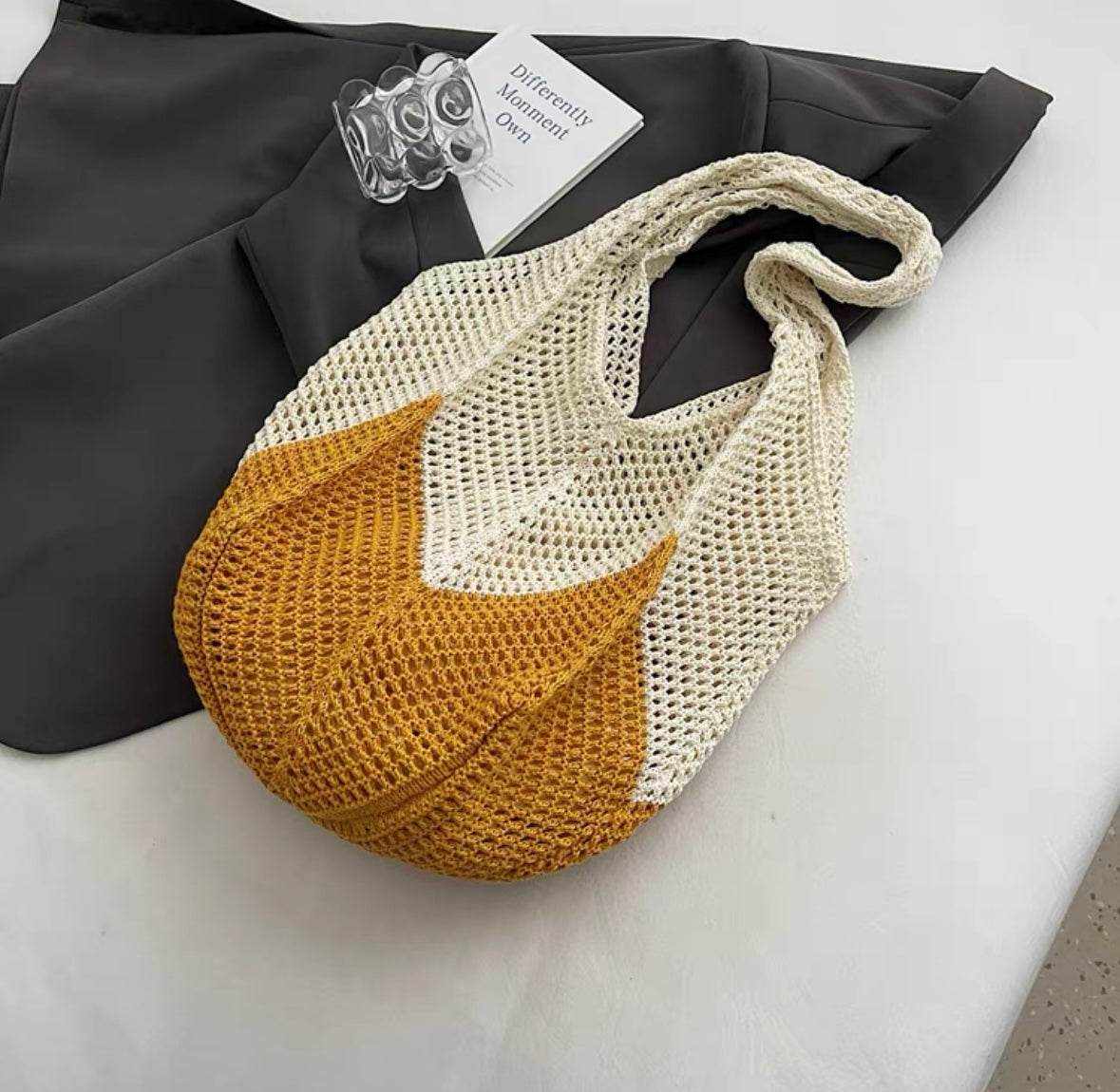 New Korean Style Handwoven Tote Bag – Large Cotton Shoulder Bag with 25cm Strap | Handmade Crafted Design for Women One-Sake.com yellow white off khaki white off-khaki-yellow-