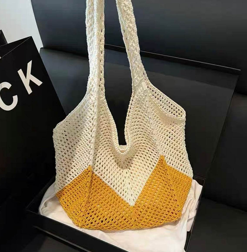 New Korean Style Handwoven Tote Bag – Large Cotton Shoulder Bag with 25cm Strap | Handmade Crafted Design for Women One-Sake.com yellow white off khaki white off-khaki-yellow-