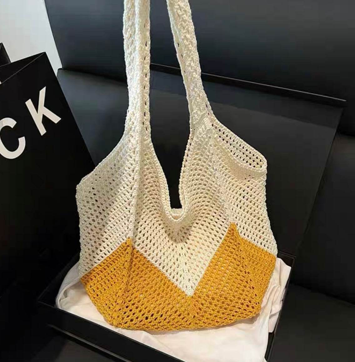 New Korean Style Handwoven Tote Bag – Large Cotton Shoulder Bag with 25cm Strap | Handmade Crafted Design for Women One-Sake.com yellow white off khaki white off-khaki-yellow-