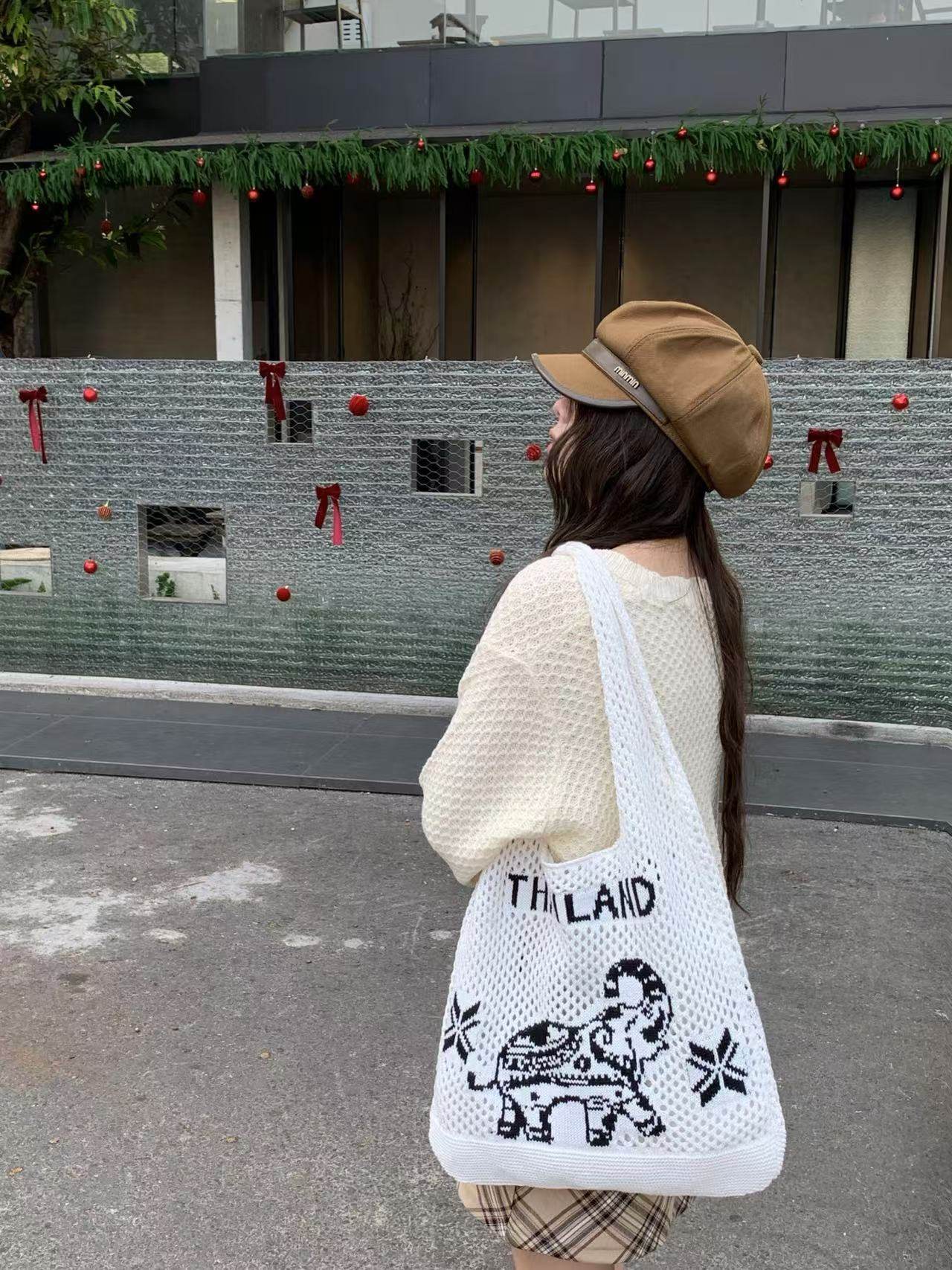 Elephant Pattern Woven Shoulder Bag – Handmade Cotton Rope Tote for Women | 38cm x 40cm with 30cm Strap One-Sake.com khaki white white off white-white off-khaki-