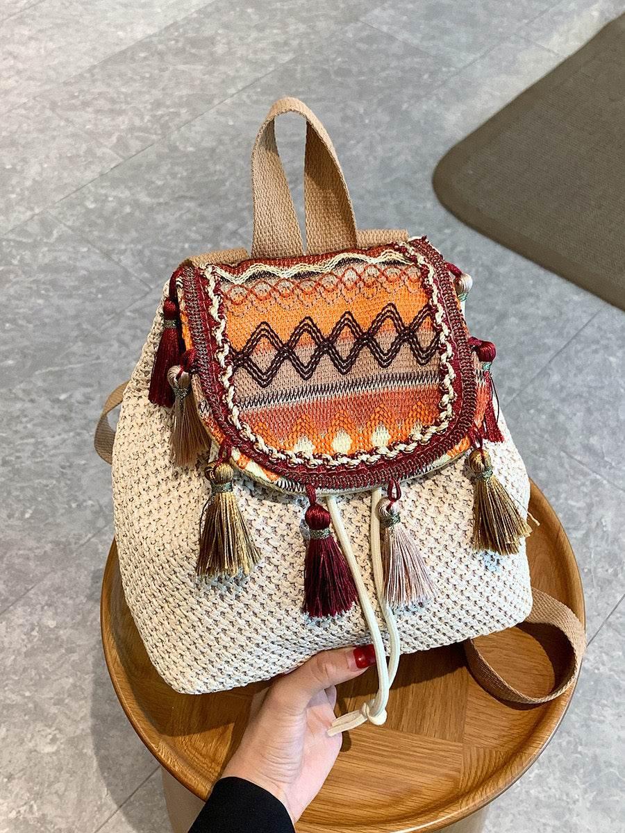 Unique Handwoven Crossbody Backpack for Women with Colorful Tassels - Natural Cotton Rope, 33x22cm, Adjustable Strap