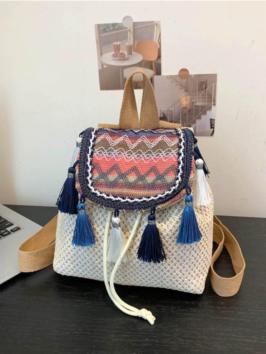 Unique Handwoven Crossbody Backpack for Women with Colorful Tassels - Natural Cotton Rope, 33x22cm, Adjustable Strap