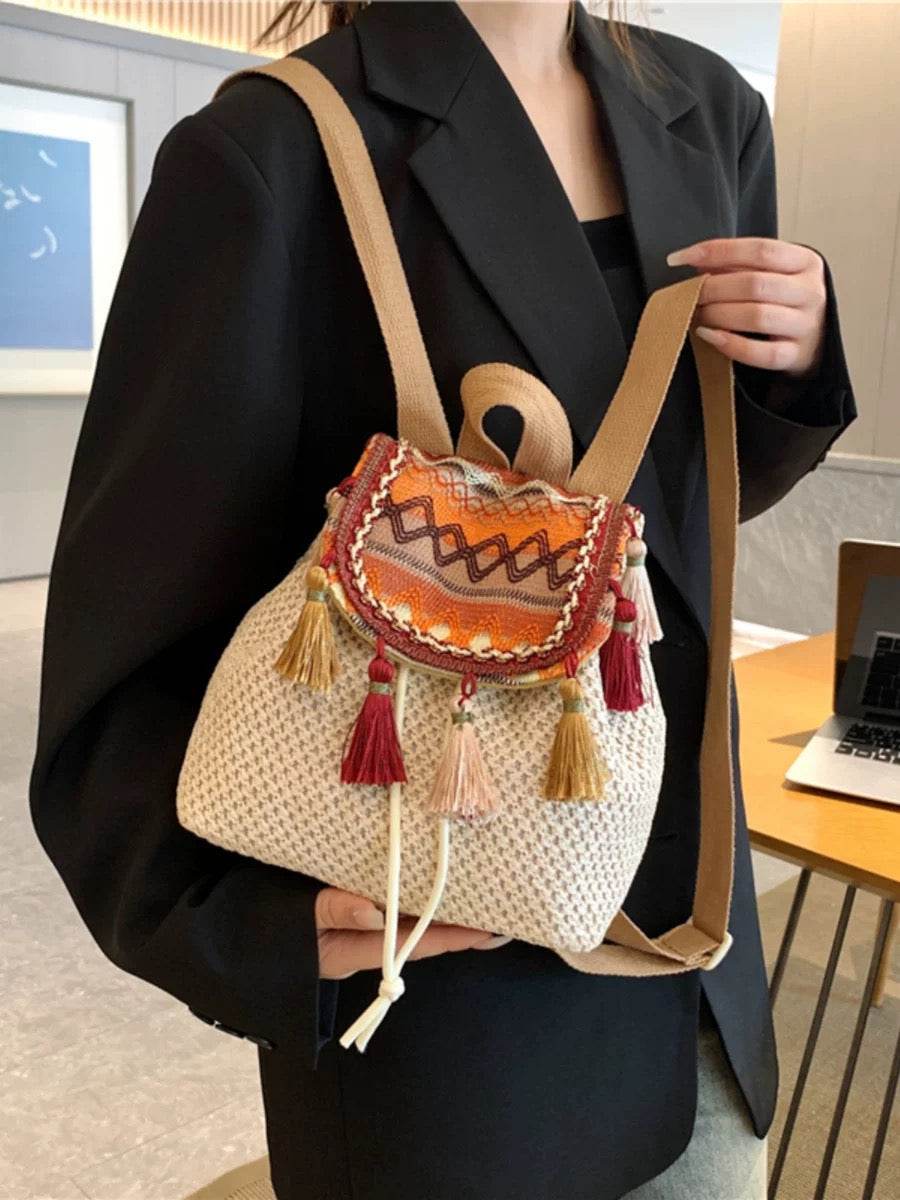 Unique Handwoven Crossbody Backpack for Women – Colorful Tassels &amp; Natural Cotton Rope | 33x22cm Size with Adjustable Strap One-Sake.com 3 1 2 1-2-3-
