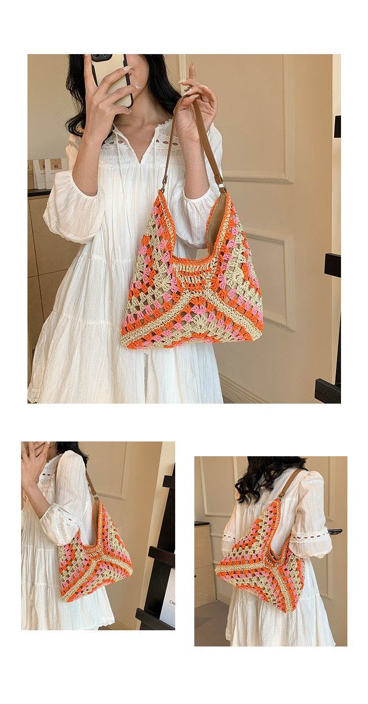 Trapezoid Handwoven Shoulder Bag in Dusty Purple – Leather Strap &amp; Lined Interior | Natural Cotton Rope Bag for Women One-Sake.com 1 2 1-2-