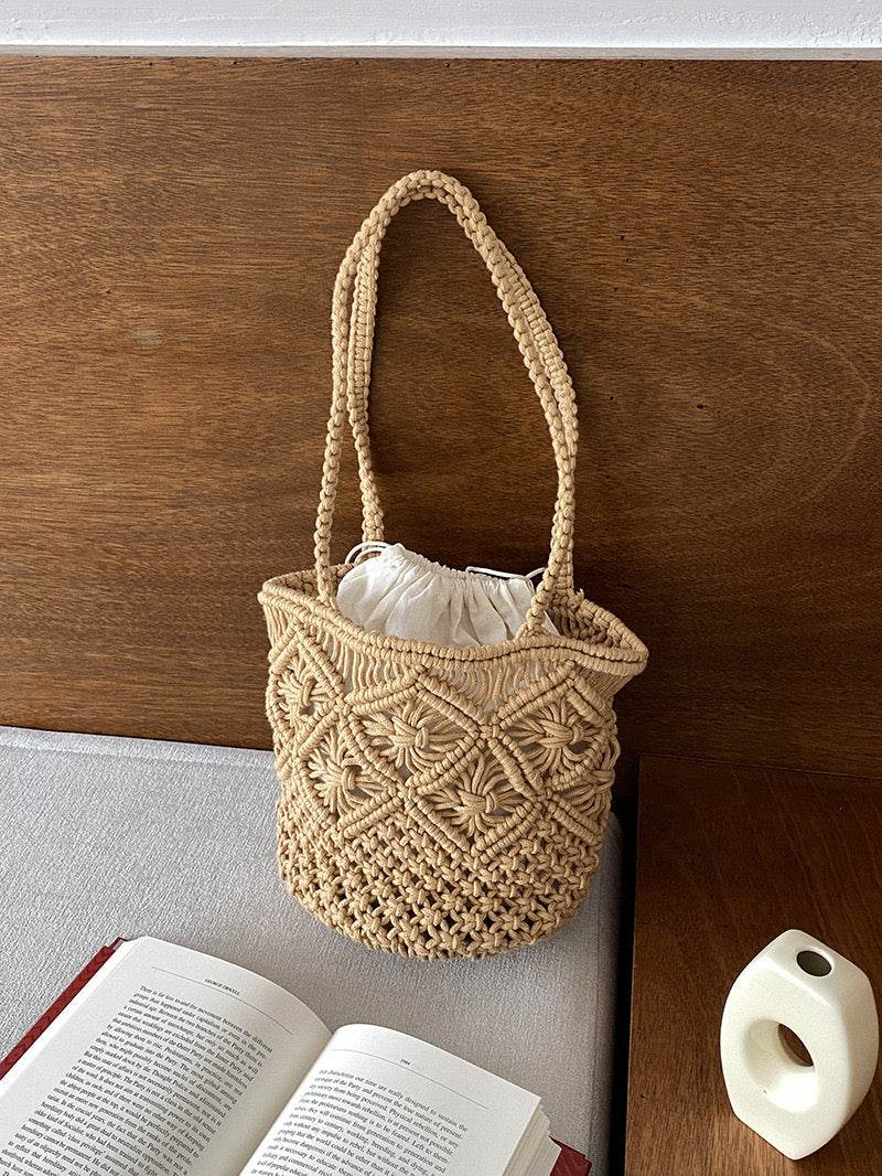 New Korean Style Handwoven Ladies Bag – Cotton Wicker Tote with Inner Pocket | Shoulder Size 28cm for Women One-Sake.com สีกากี สีขาวนวล สีกากี-สีขาวนวล-