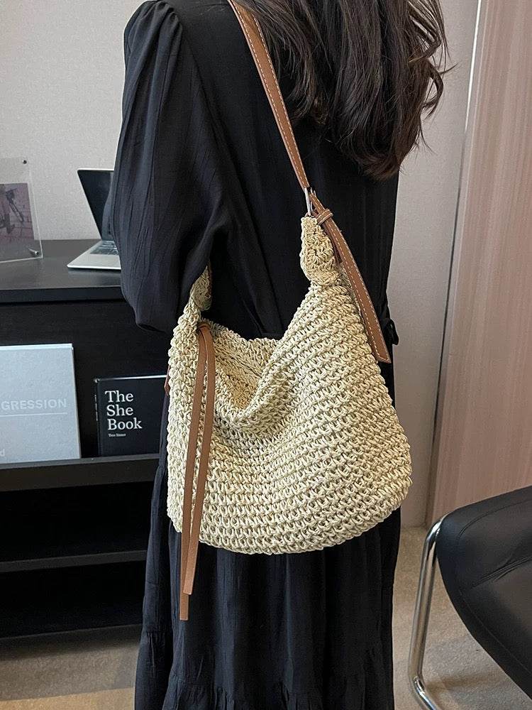 Korean Style Handwoven Cotton Tote Bag – Adjustable Long Strap &amp; Lining | Approx. 21cm x 30cm with 60cm Strap One-Sake.com khaki white off khaki-white off-