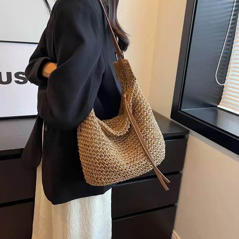 Korean Style Handwoven Cotton Tote Bag – Adjustable Long Strap &amp; Lining | Approx. 21cm x 30cm with 60cm Strap One-Sake.com khaki white off khaki-white off-