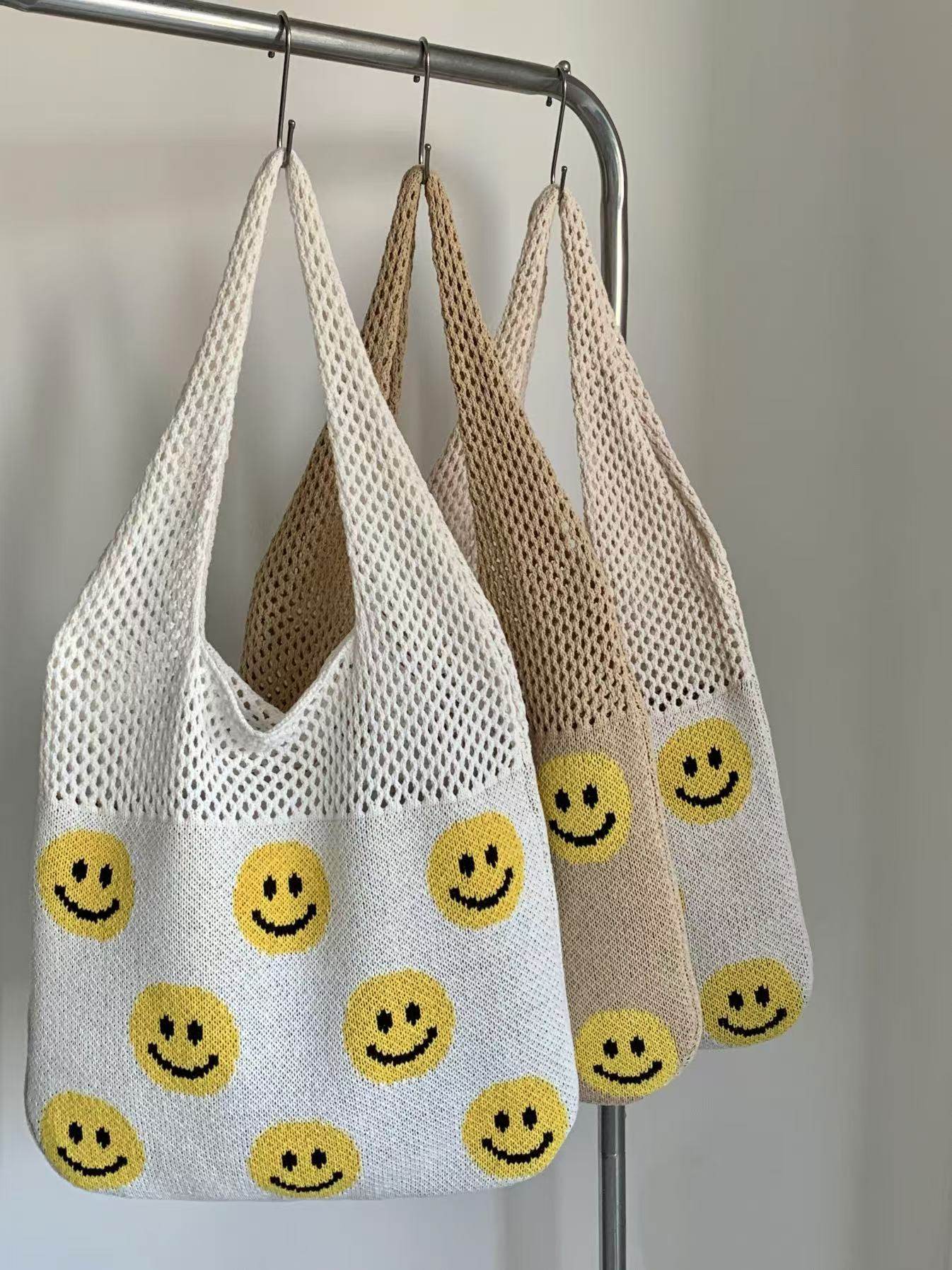 Smiley Face Crochet Bag – Colorful Handmade Shoulder Tote with 30cm Strap | Large Capacity Cotton Rope Bag 40cm Width One-Sake.com white khaki white off khaki-white off-white-