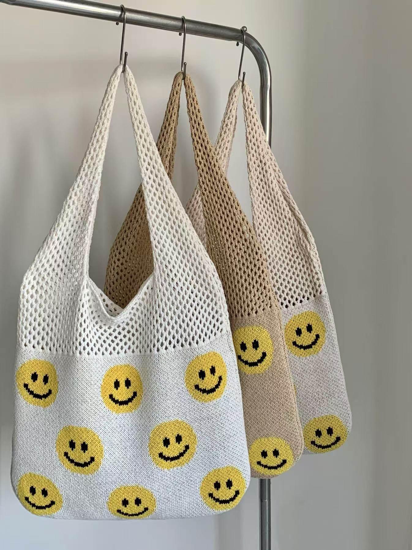 Smiley Face Crochet Bag – Colorful Handmade Cotton Rope Tote with 30cm Strap | Large Capacity 40cm Shoulder Bag