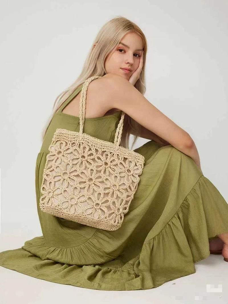 Handwoven Floral Mini Tote Bag for Women - Stylish Cotton Rope Shoulder Bag with Natural Materials | 30cm Craftsmanship Design